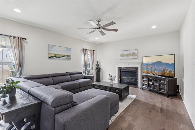 2811 De Paul Ct, Franklin Park, PA 15143 - living room featuring ceiling fan, wood-type flooring, recessed lighting, and a fireplace