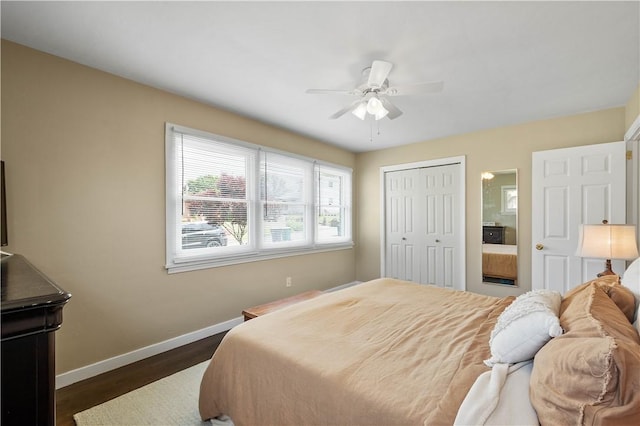 108 Mary St, Ross Twp, PA 15214 - bedroom with dark wood-style floors, a closet, a ceiling fan, and ensuite bath