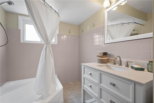 108 Mary St, Ross Twp, PA 15214 - bathroom featuring vanity, shower / bathtub combination with curtain, and tile walls