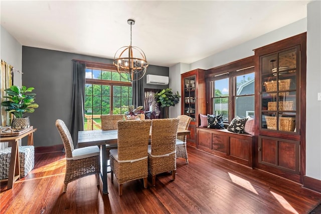 2026 Darlington Rd, Chippewa Twp, PA 15010 - dining area with a wall unit AC, a chandelier, healthy amount of natural light, and dark wood-style floors