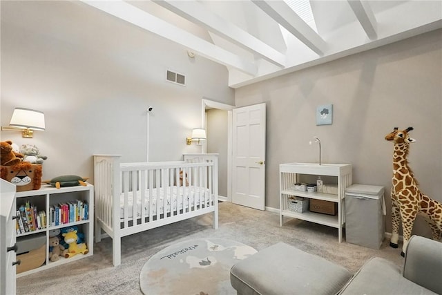 5727 Kentucky Ave, Shadyside, PA 15232 - bedroom featuring carpet floors, a crib, high vaulted ceiling, and beam ceiling
