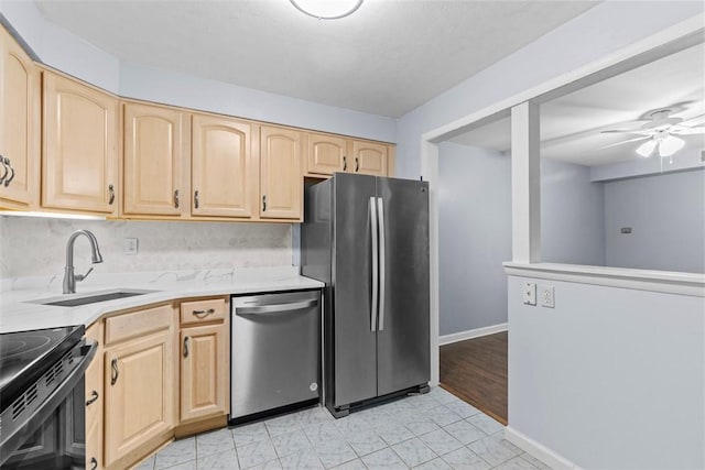 604 Calais Dr Unit 1203, Mccandless, PA 15237 - kitchen featuring appliances with stainless steel finishes, light brown cabinetry, light countertops, and a ceiling fan