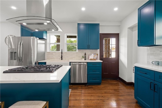 1738 Barr Ave, Crafton, PA 15205 - kitchen with stainless steel appliances, blue cabinets, decorative backsplash, recessed lighting, and dark wood finished floors