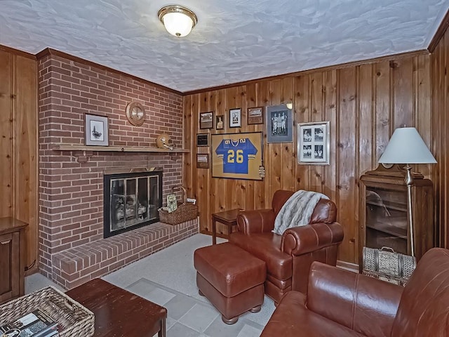 776 Elm Spring Rd, Mt Lebanon, PA 15243 - living room with wooden walls, a fireplace, and tile patterned flooring