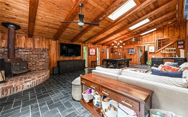 4077 Clarkland Ave, Hampton, PA 15101 - living area featuring ceiling fan, wood ceiling, wood walls, stone finish floors, and a wood stove