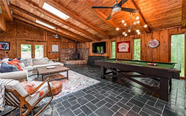 4077 Clarkland Ave, Hampton, PA 15101 - rec room featuring a wood stove, wood walls, a ceiling fan, billiards table, and wood ceiling