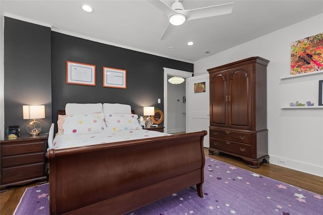 5508 Darlington Rd, Squirrel Hill, PA 15217 - bedroom with wood finished floors, crown molding, recessed lighting, and a ceiling fan