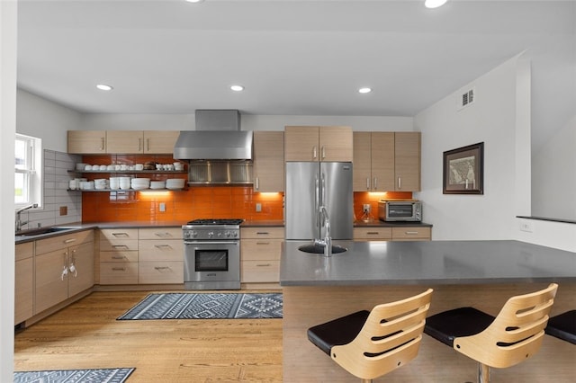 5508 Darlington Rd, Squirrel Hill, PA 15217 - kitchen featuring appliances with stainless steel finishes, wall chimney exhaust hood, a breakfast bar area, dark countertops, and tasteful backsplash