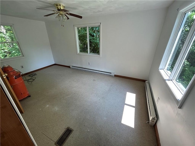19 Wickhaven Hollow Rd, Perry Twp Fay, PA 15492 - unfurnished room featuring baseboard heating, a baseboard heating unit, a ceiling fan, and carpet