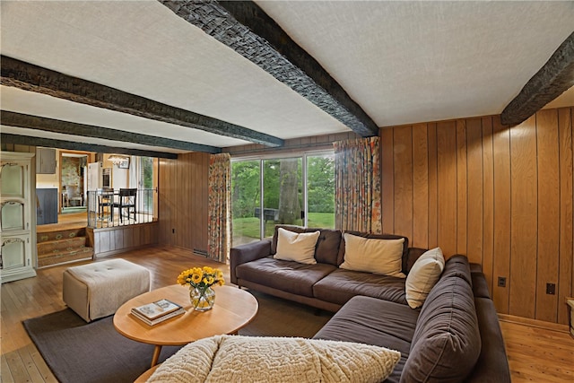 480 Herbst Manor Rd, Kennedy Twp, PA 15108 - living area with wooden walls, hardwood / wood-style flooring, and beam ceiling
