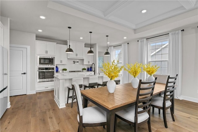 159 Heather Dr, North Strabane, PA 15317 - dining room with recessed lighting, light wood-type flooring, crown molding, beamed ceiling, and coffered ceiling