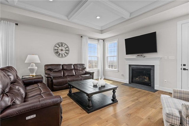 159 Heather Dr, North Strabane, PA 15317 - living area featuring a fireplace with flush hearth, coffered ceiling, light wood finished floors, beamed ceiling, and crown molding