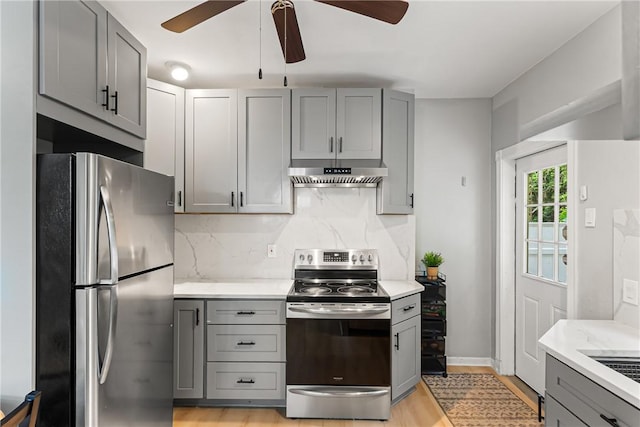 5719 Hobart St, Squirrel Hill, PA 15217 - kitchen featuring stainless steel appliances, gray cabinets, under cabinet range hood, ceiling fan, and light countertops
