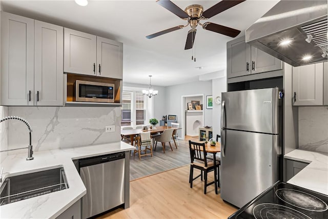 5719 Hobart St, Squirrel Hill, PA 15217 - kitchen with appliances with stainless steel finishes, wall chimney range hood, gray cabinetry, and ceiling fan