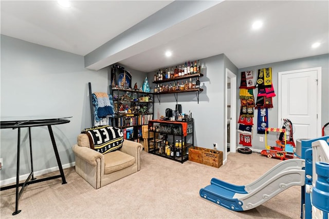159 Horseshoe Dr, North Fayette, PA 15071 - living area featuring a bar, carpet, and recessed lighting