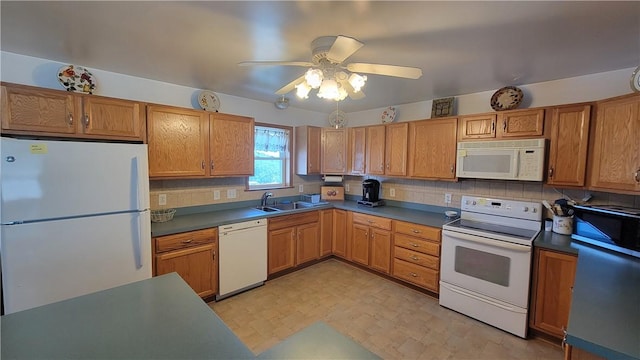 287 School Ave, Conemaugh Twp Som, PA 15937 - kitchen with white appliances, ceiling fan, decorative backsplash, brown cabinets, and dark countertops
