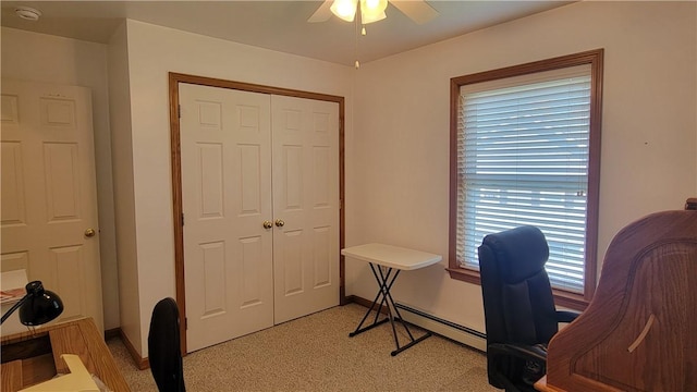 287 School Ave, Conemaugh Twp Som, PA 15937 - home office with a ceiling fan, baseboard heating, and light colored carpet