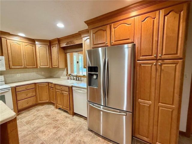 155 Anoka, Neshannock Twp, PA 16105 - kitchen featuring white appliances, light countertops, tasteful backsplash, brown cabinetry, and recessed lighting