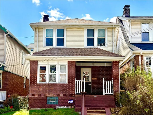 1235 Arkansas Ave, Dormont, PA 15216 - american foursquare style home with covered porch, brick siding, a chimney, and a shingled roof