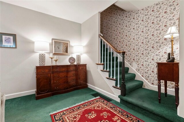 517 Keystone Dr, New Kensington, PA 15068 - stairs with carpet and wallpapered walls
