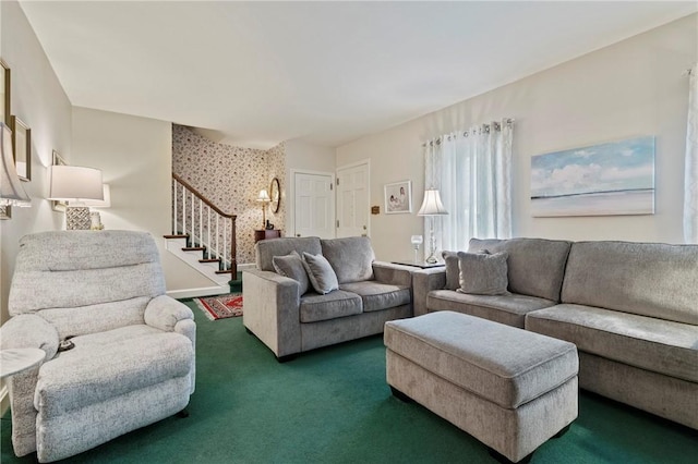 517 Keystone Dr, New Kensington, PA 15068 - carpeted living area with stairway and wallpapered walls