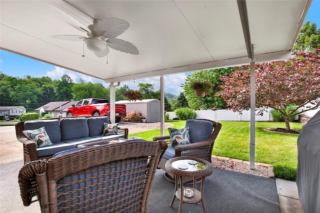2684 3rd St, Monroeville, PA 15146 - view of patio with a shed, an outdoor living space, and a ceiling fan