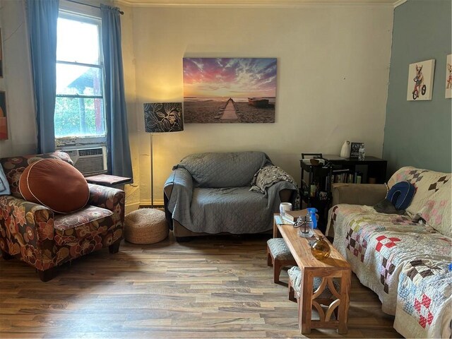 511 Arthur Ave, Scottdale, PA 15683 - living room with wood finished floors, cooling unit, and crown molding