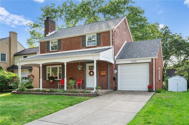 1333 Windermere Dr, Squirrel Hill, PA 15218 - view of front of home featuring a garage, brick siding, a storage unit, and covered porch