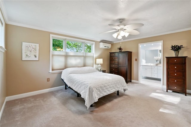 1333 Windermere Dr, Squirrel Hill, PA 15218 - bedroom with a wall unit AC, crown molding, light colored carpet, ensuite bath, and a ceiling fan