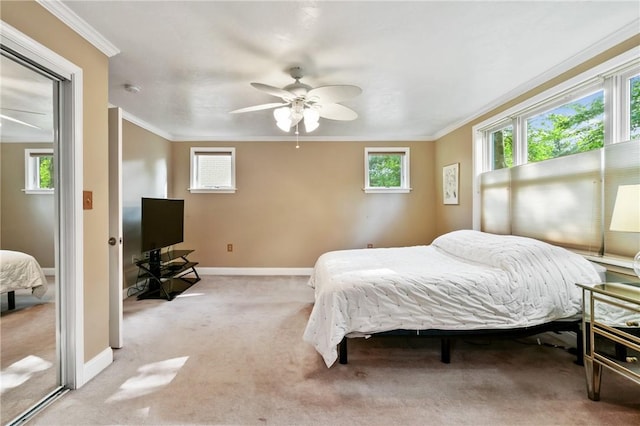 1333 Windermere Dr, Squirrel Hill, PA 15218 - bedroom featuring ornamental molding, light colored carpet, multiple windows, and a ceiling fan