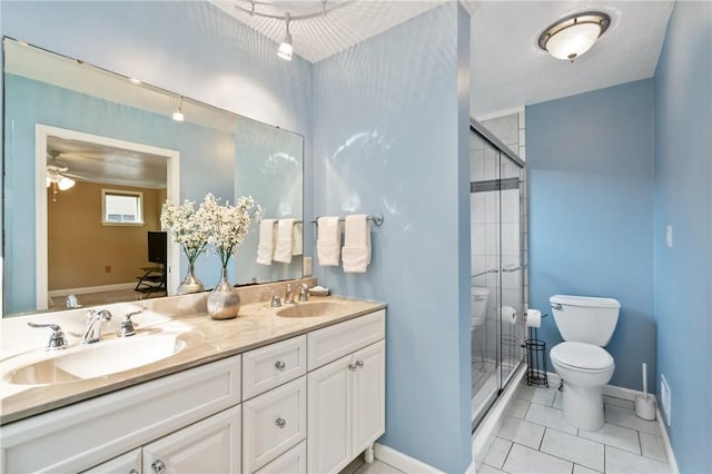 1333 Windermere Dr, Squirrel Hill, PA 15218 - bathroom with double vanity, a shower stall, tile patterned floors, and ceiling fan