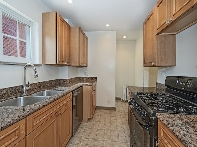 6656 Wilkins Ave, Squirrel Hill, PA 15217 - kitchen featuring black appliances, radiator, dark stone counters, brown cabinets, and recessed lighting