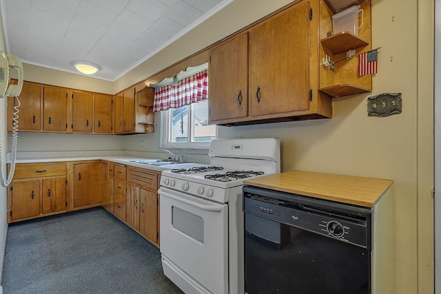 1621 4th St, New Brighton, PA 15066 - kitchen with white range with gas stovetop, black dishwasher, open shelves, light countertops, and crown molding