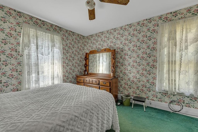 1621 4th St, New Brighton, PA 15066 - bedroom with wallpapered walls, carpet, and a ceiling fan