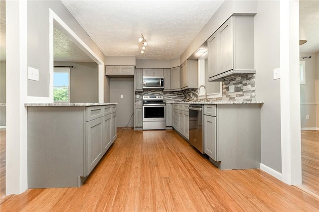 453 Falls Ave, Neshannock Twp, PA 16105 - kitchen featuring stainless steel appliances, gray cabinets, light wood-type flooring, and a textured ceiling