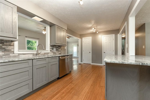453 Falls Ave, Neshannock Twp, PA 16105 - kitchen with stainless steel dishwasher, gray cabinets, ceiling fan, tasteful backsplash, and a textured ceiling