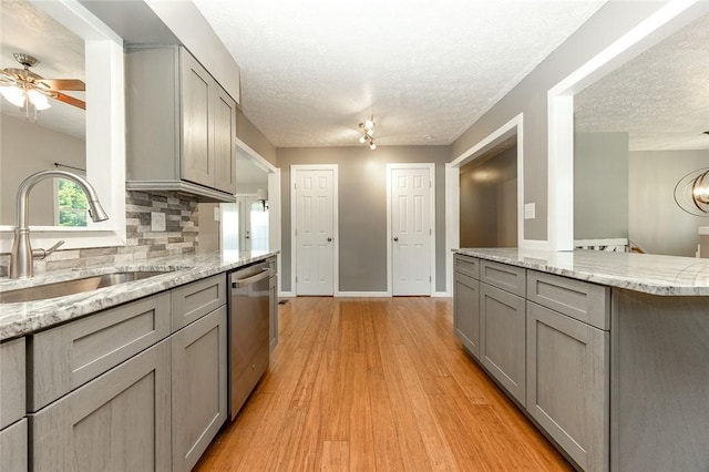 453 Falls Ave, Neshannock Twp, PA 16105 - kitchen with gray cabinets, dishwasher, a ceiling fan, light wood-style floors, and a textured ceiling