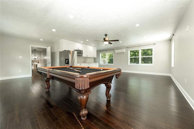 453 Falls Ave, Neshannock Twp, PA 16105 - rec room with a ceiling fan, recessed lighting, billiards table, dark wood-style floors, and a wall unit AC