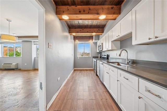 128 N Craig St Unit 703, Oakland, PA 15213 - kitchen featuring a wood ceiling with exposed beams, stainless steel appliances, dark countertops, white cabinetry, and a wall mounted air conditioner