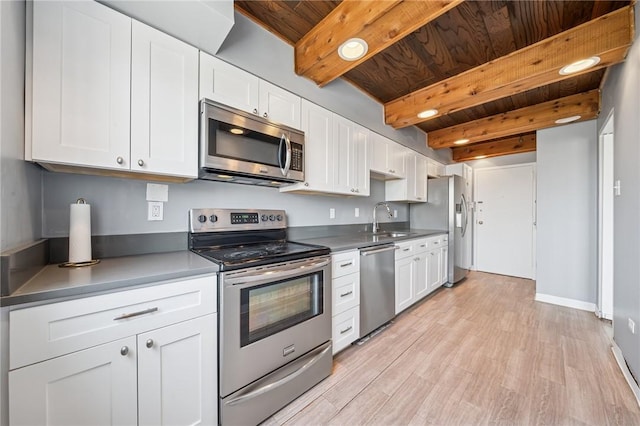 128 N Craig St Unit 703, Oakland, PA 15213 - kitchen featuring stainless steel appliances, a wood ceiling with exposed beams, white cabinets, light wood-type flooring, and dark countertops