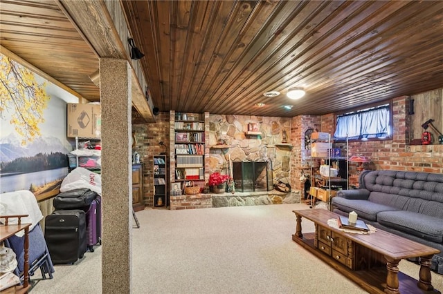 379 Airport Rd, Worthington, PA 16262 - carpeted living room with wooden ceiling and a stone fireplace