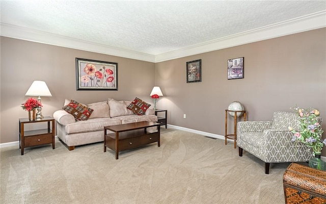3150 Sundance Ct, Hampton, PA 15101 - living area with crown molding, a textured ceiling, and light colored carpet