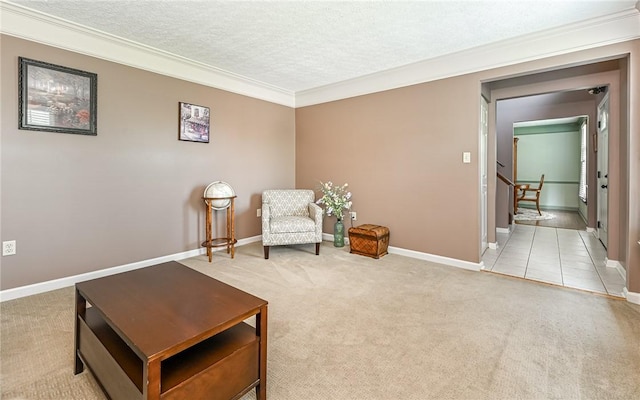 3150 Sundance Ct, Hampton, PA 15101 - sitting room featuring carpet, a textured ceiling, crown molding, and stairs