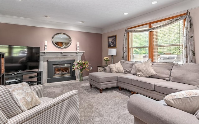 3150 Sundance Ct, Hampton, PA 15101 - living area with crown molding, carpet floors, a fireplace, recessed lighting, and a textured ceiling