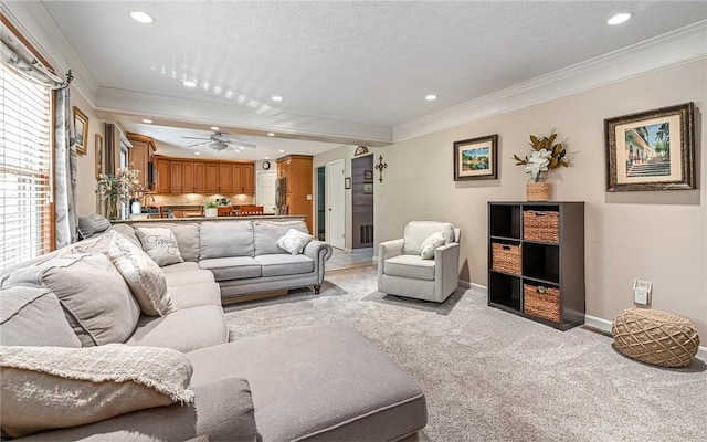 3150 Sundance Ct, Hampton, PA 15101 - living room featuring recessed lighting, light colored carpet, crown molding, ceiling fan, and a textured ceiling