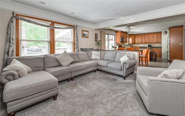 3150 Sundance Ct, Hampton, PA 15101 - living area with ornamental molding, light carpet, and a ceiling fan