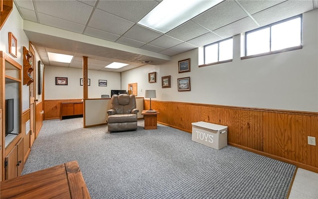3150 Sundance Ct, Hampton, PA 15101 - sitting room featuring a drop ceiling, a wainscoted wall, wood walls, and carpet