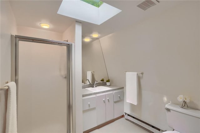 113 S Heide Ln, Peters Twp, PA 15317 - full bath featuring a baseboard heating unit, a skylight, a shower stall, and vanity