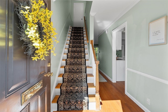 158 Jamestown Ct, Pittsburgh, PA 15216 - staircase featuring wood finished floors and crown molding