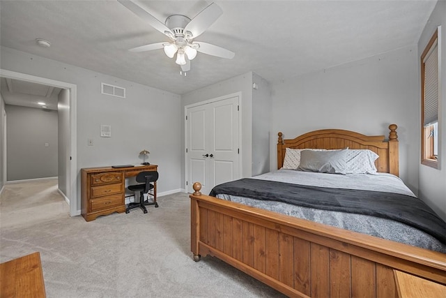 204 Pine Cone Ct, Pine Twp Nal, PA 15090 - bedroom featuring light colored carpet, attic access, ceiling fan, and a closet